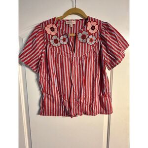 Philosophy Republic Clothing Blouse Small Red Striped Beaded Floral Top Boho